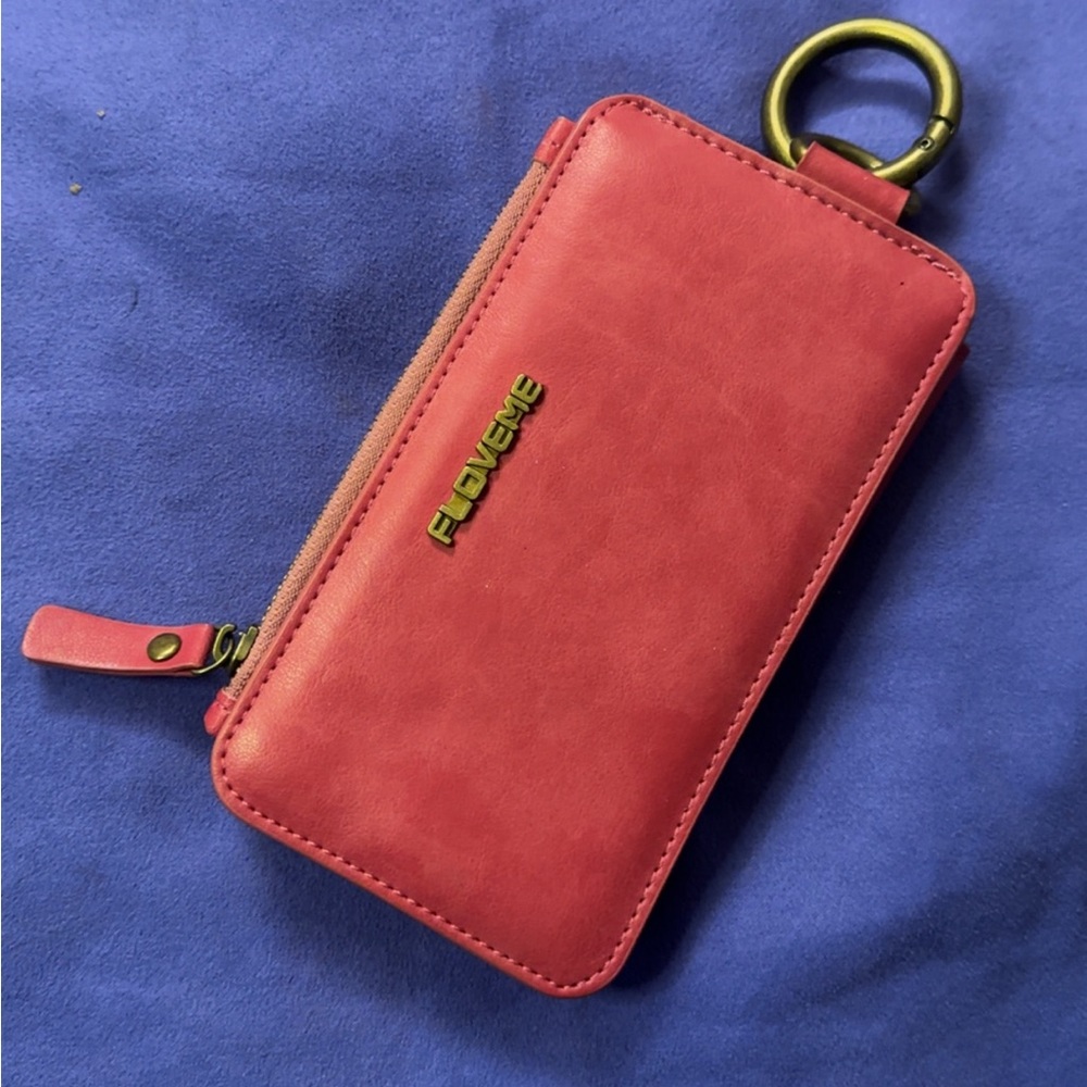 FLOVEME pink leather tri-fold wallet phone holder case keys change credit cards